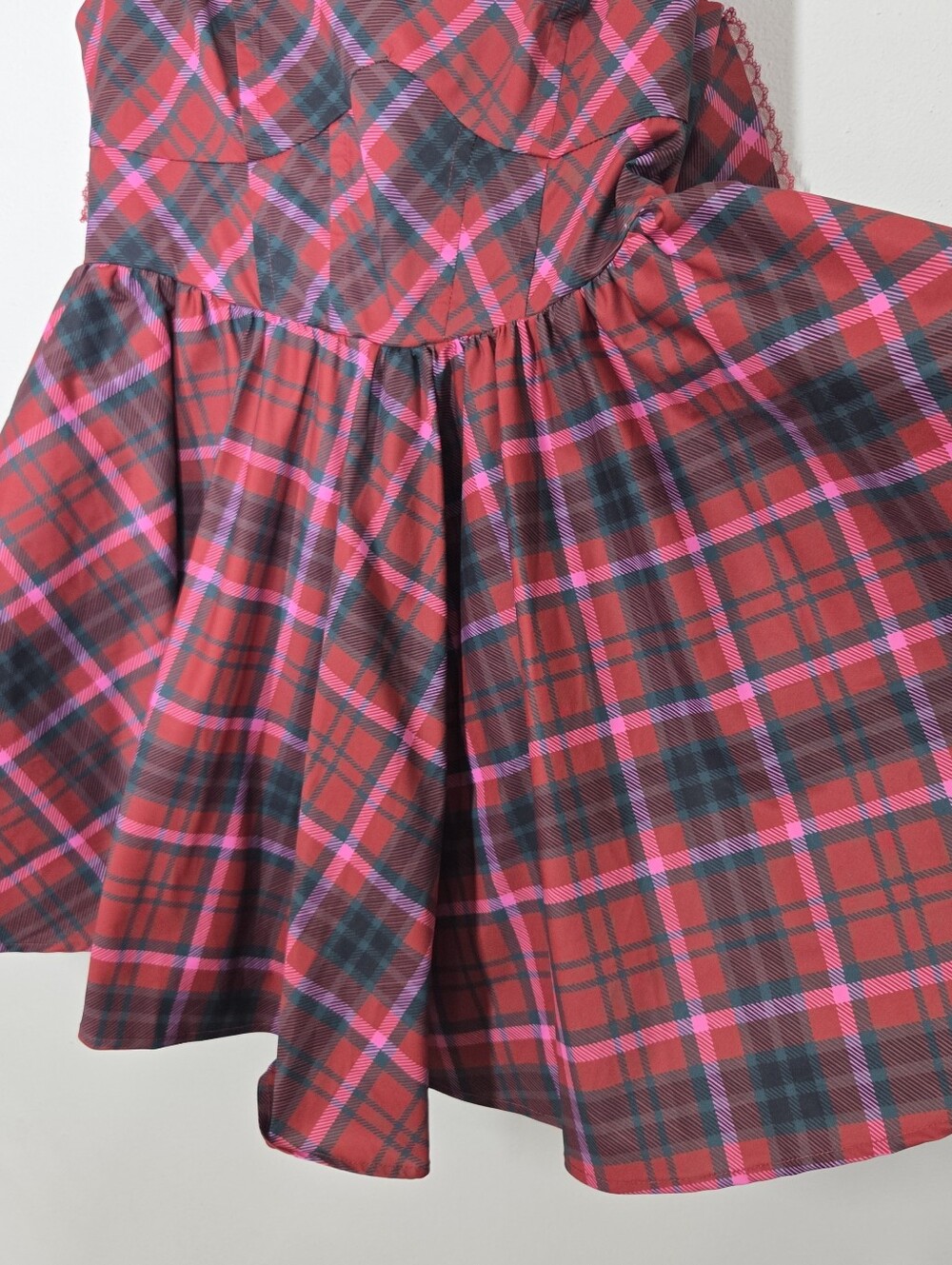 Altar'd State Red Pink Tartan Plaid Bow Babydoll Mini Dress Holiday Preppy Punk - Picture 3 of 9